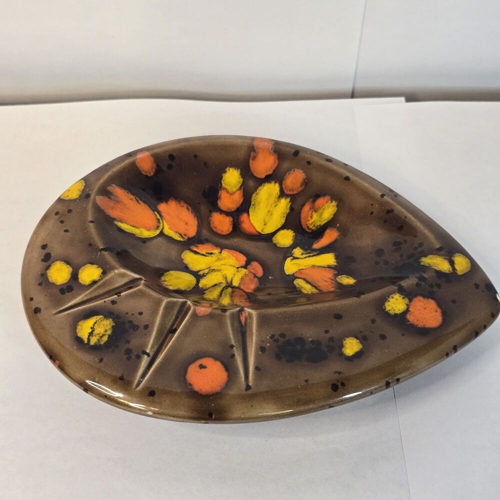 Vintage Teardrop MCM Retro Brown Orange Yellow Splatter Ceramic Ashtray Trinket